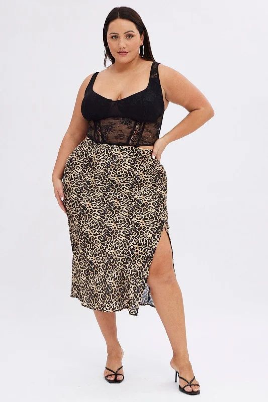 Multi Animal Print Satin Skirt Leopard Split Midi chiffon skirt flowing
