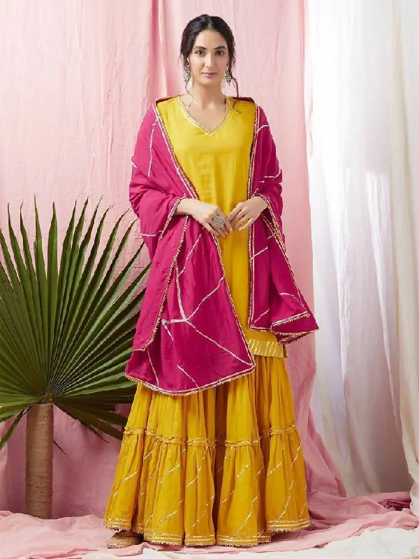 Women's Yellow And Pink Cambric Cotton Kurta Skirt Dupatta Set - Cheera seamless skirt comfort