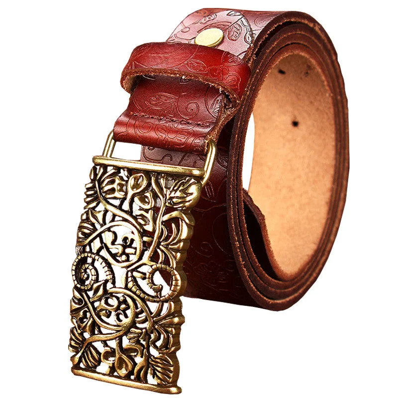 New Fashion Cow Genuine leather belt woman Vintage floral metal buckle Wide belts for women Top quality strap for female jeans Trendy Low-Rise Bootcut Jeans