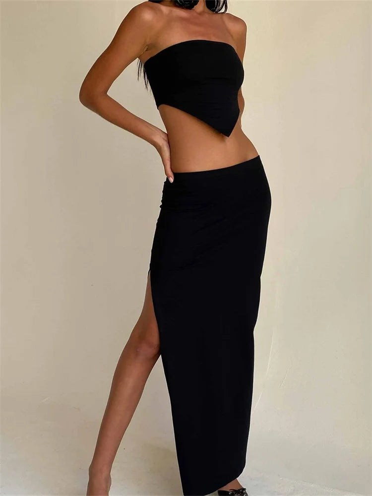 JuliaFashion - Off Shoulder Irregular Hem Tops Side Split Long Skirts Suits lace skirt intricate