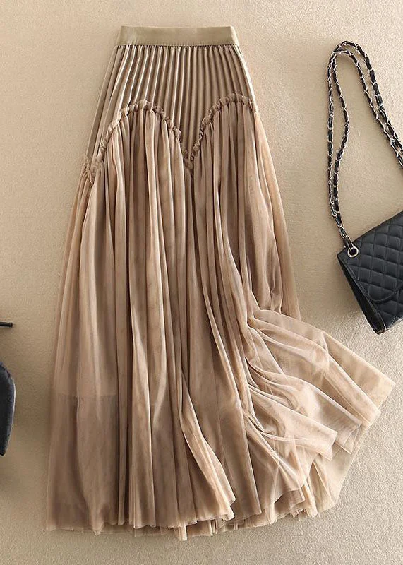 Original Design Khaki High Waist Ruffled Patchwork Tulle Pleated Skirts Spring lace skirt romantic