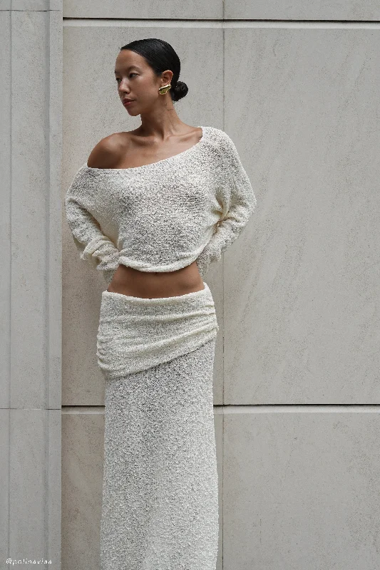 Petra Ruched Knit Maxi Skirt - Ivory linen skirt natural