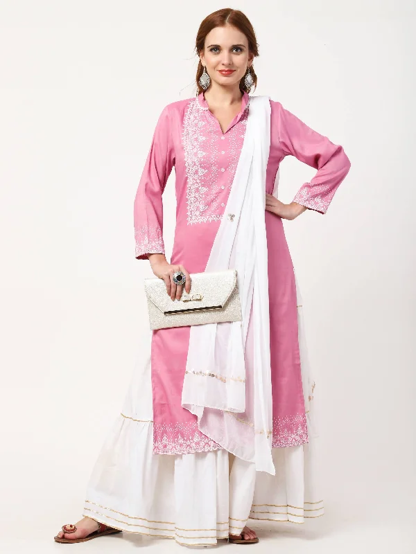 Women's Pale Pink & White Rayon & Cotton Kurta With Skirt & Embroidered Dupatta Set - Cheera modal blend skirt