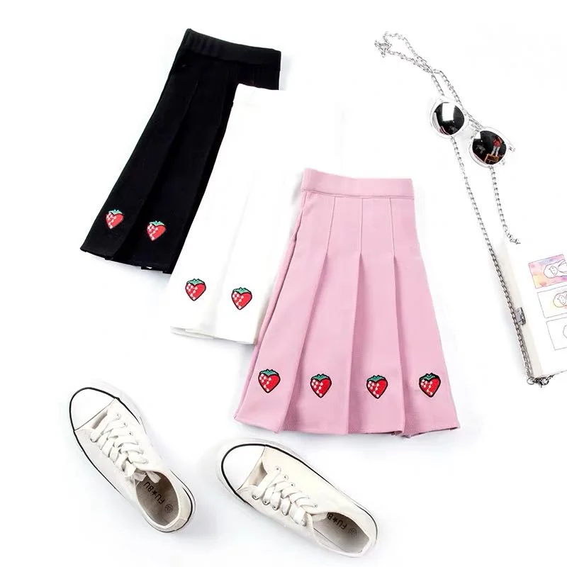PINK STRAWBERRY EMBROIDERY HIGH WAIST PLEATED SKIRT BY61054 seamless skirt comfort