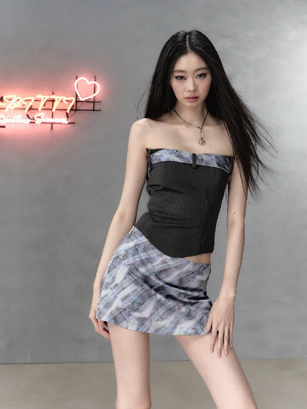 Purple Gray Blue Plaid A-line Skirt high waist skirt
