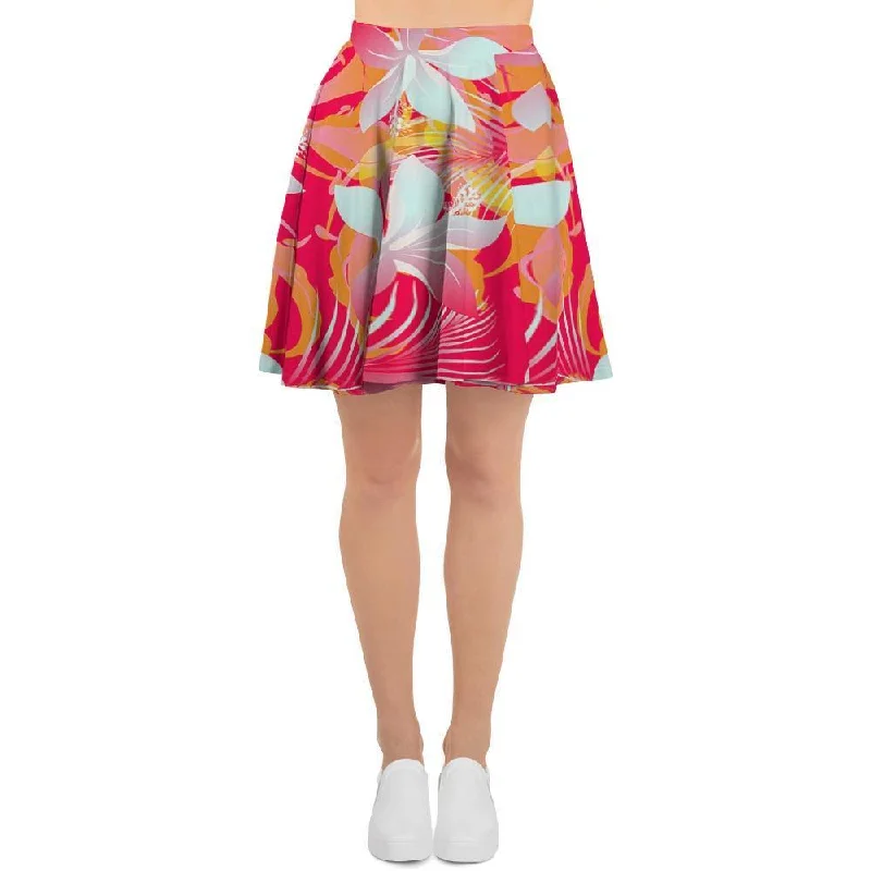 Red And Orange Hibiscus Hawaiian Print Women's Skirt linen skirt breathable