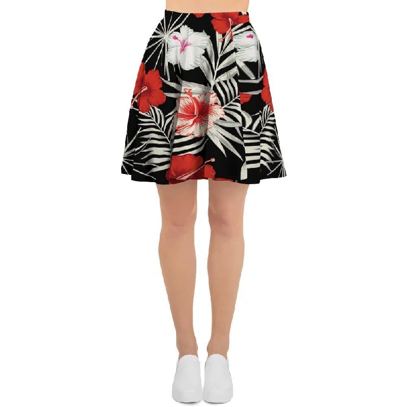 Red And White Hibiscus Flowers Hawaiian Print Women's Skirt wool skirt breathable