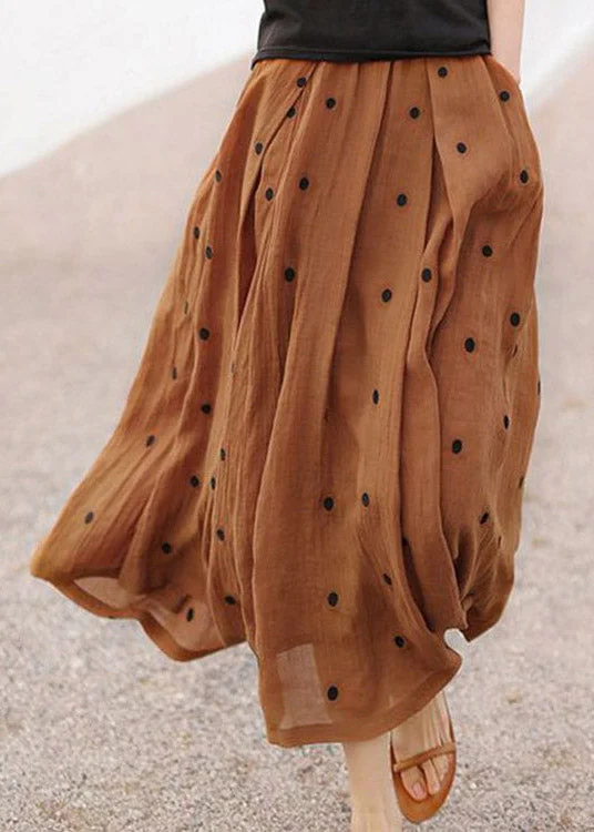 Retro Coffee Dot Print Pockets Linen Skirt Summer lace skirt feminine