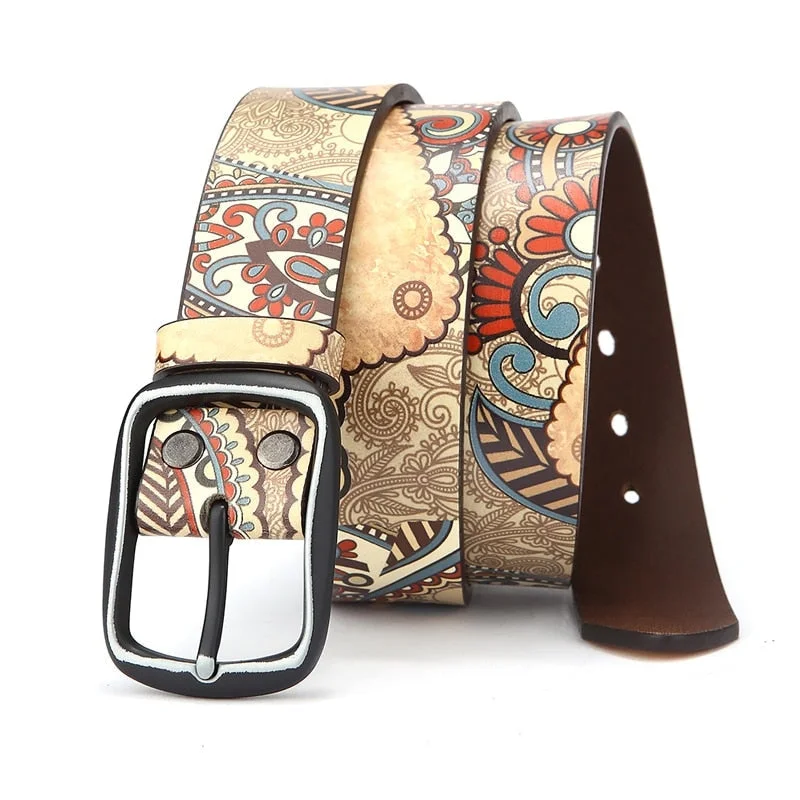 Retro Style Unisex Casual Genuine Leather Printed Fashion Jeans Belt Comfortable Zip-Up Skinny Jeans