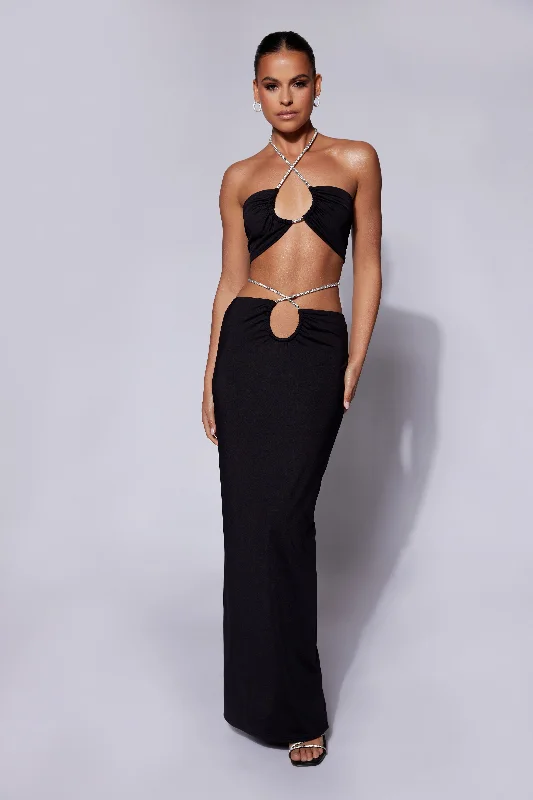 Ruby Diamante Rope Ruched Maxi Skirt - Black ribbed skirt waist