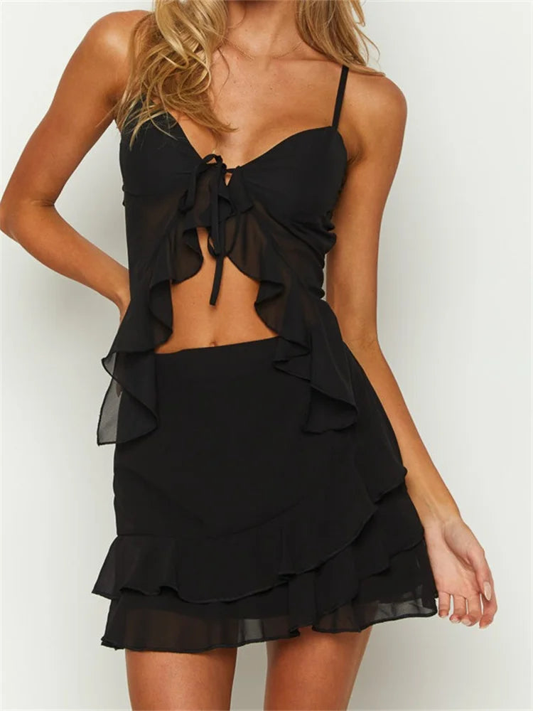 JuliaFashion - Ruffles Front Tie-up Camis Crop Tops Layered Mini Skirts Suits floral skirt print