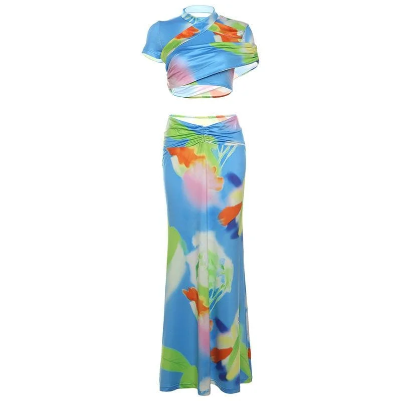 Short sleeve ruched contrast print maxi skirt set denim skirt classic