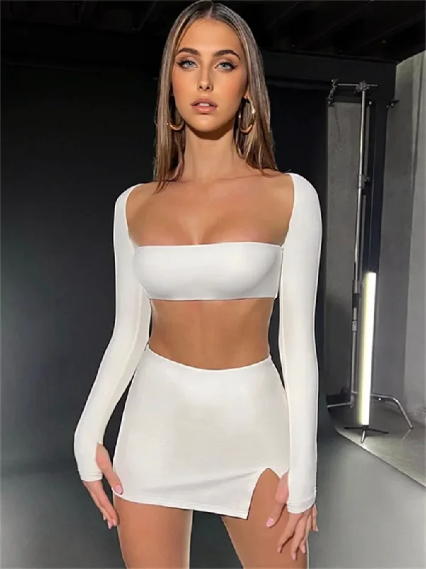 JuliaFashion - Square Neck Long Sleeve T-shirts Split Mini Skirts Suits lace skirt romantic
