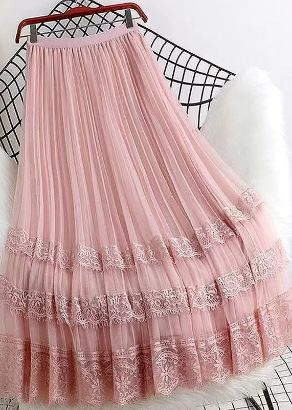 Stylish Loose Pink Lace Patchwork Wrinkled Tulle Skirts Spring lace skirt romantic