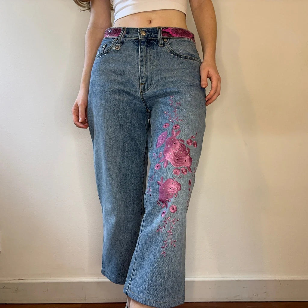 Swish Jeans Embroidered Jeans - 26W UK 6 Blue Cotton Blend Comfortable Zip-Fly Denim Jeans