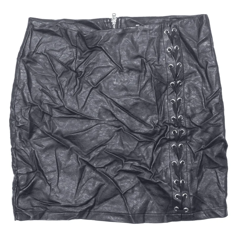 VINCEOTTO Faux Leather Lace Up Womens Pencil Skirt Black Short M floral skirt print