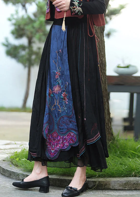 Vintage Black Embroideried Floral Tulle Patchwork Elastic Waist Linen maxi Skirts Fall summer skirt style