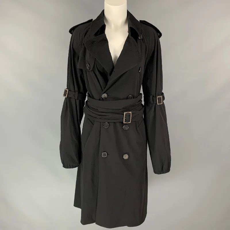 Vintage JEAN PAUL GAULTIER Size 10 Black Wool / Polyamide Double Breasted Trench Coat Comfortable Distressed Straight-Leg Jeans Vintage JEAN PAUL GAULTIER Size 10 Black Wool / Polyamide Double Breasted Trench Coat Comfortable Distressed Straight-Leg Jeans
