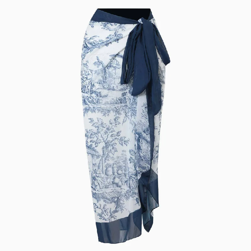 Vintage Print High Waist Chiffon Bow Tie Side Maxi Wrap Sarong Cover Up linen skirt breathable