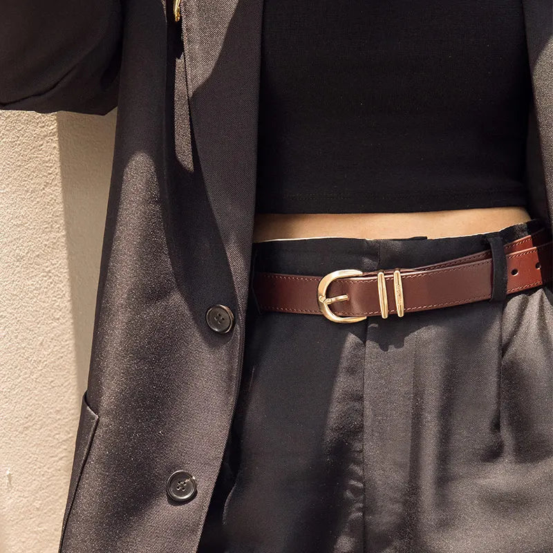 Women Cow Leather Horseshoe Buckle Sewing Retro Designer Jeans Belt Chic Rolled Cuff Denim Jeans