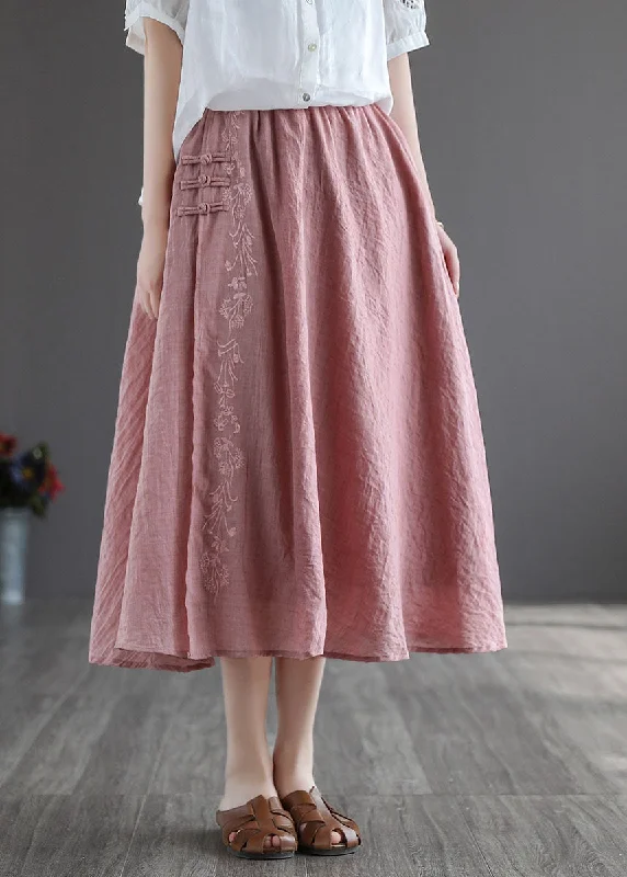 Women Pink Embroideried Chinese Button Linen Skirts Spring high waist skirt