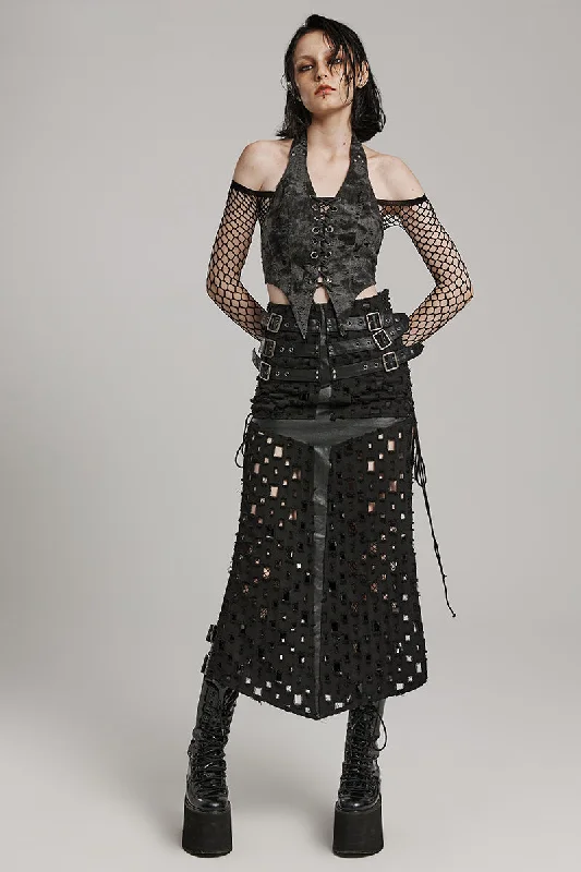 Women's Cross Hollowed Tattered Punching Slit Rock Letter Buckle Adjustable Eyelet Half Skirt chiffon skirt flowing