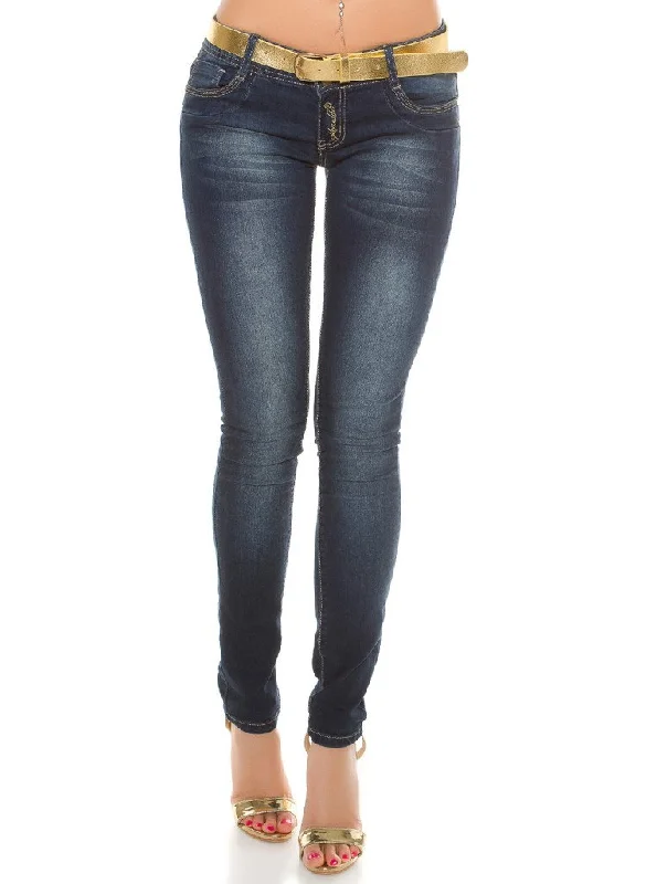 Women's dark blue skinny jeans with gold chain detailing + matching gold Belt. Classic Button Fly Jeans