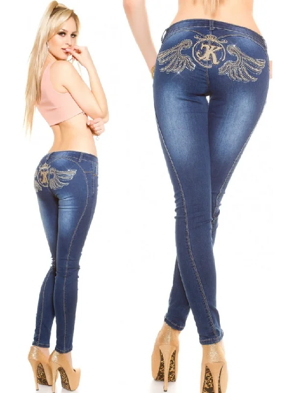 Women's Stylish Rhinestone embroidered dark blue Skinny jeans. Comfortable Folded Hem Jeans