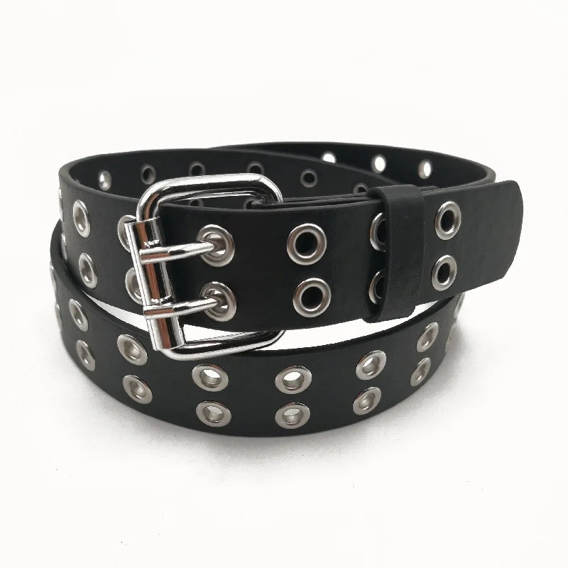 Women's Punk Style Fashion Belt Women Adjustable Black Double Eyelet Buttonhole Leather Waistbelt Personality Jeans Belt Casual Straight-Leg Jeans