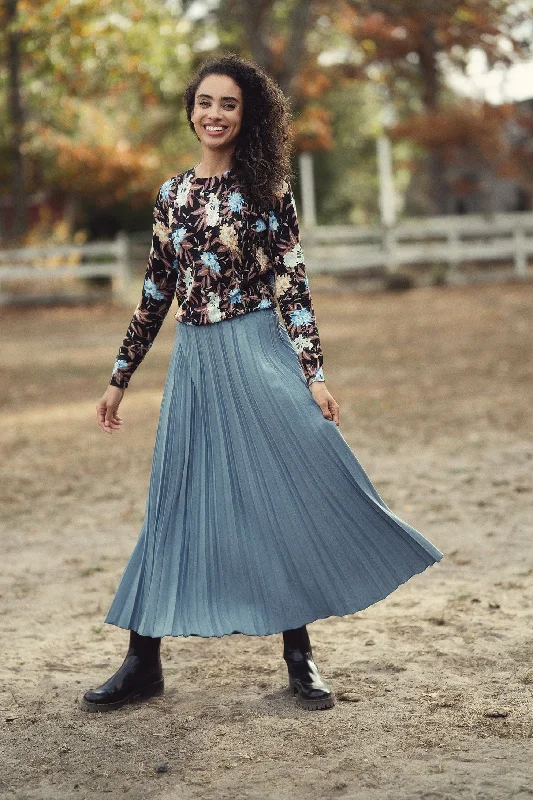 Wool Blend Pleated Skirt-Denim Blue denim skirt casual