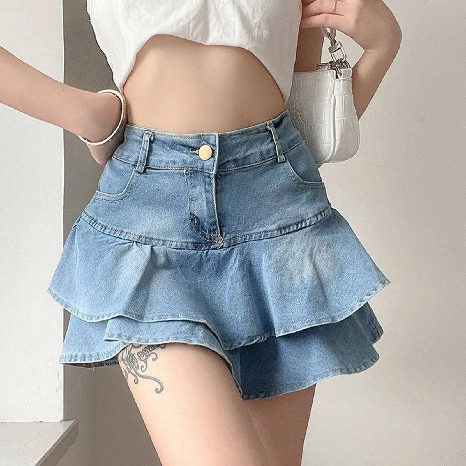 Y2K High-Waisted Double Layer Ruffled Denim Skirt Bottom leather skirt sleek